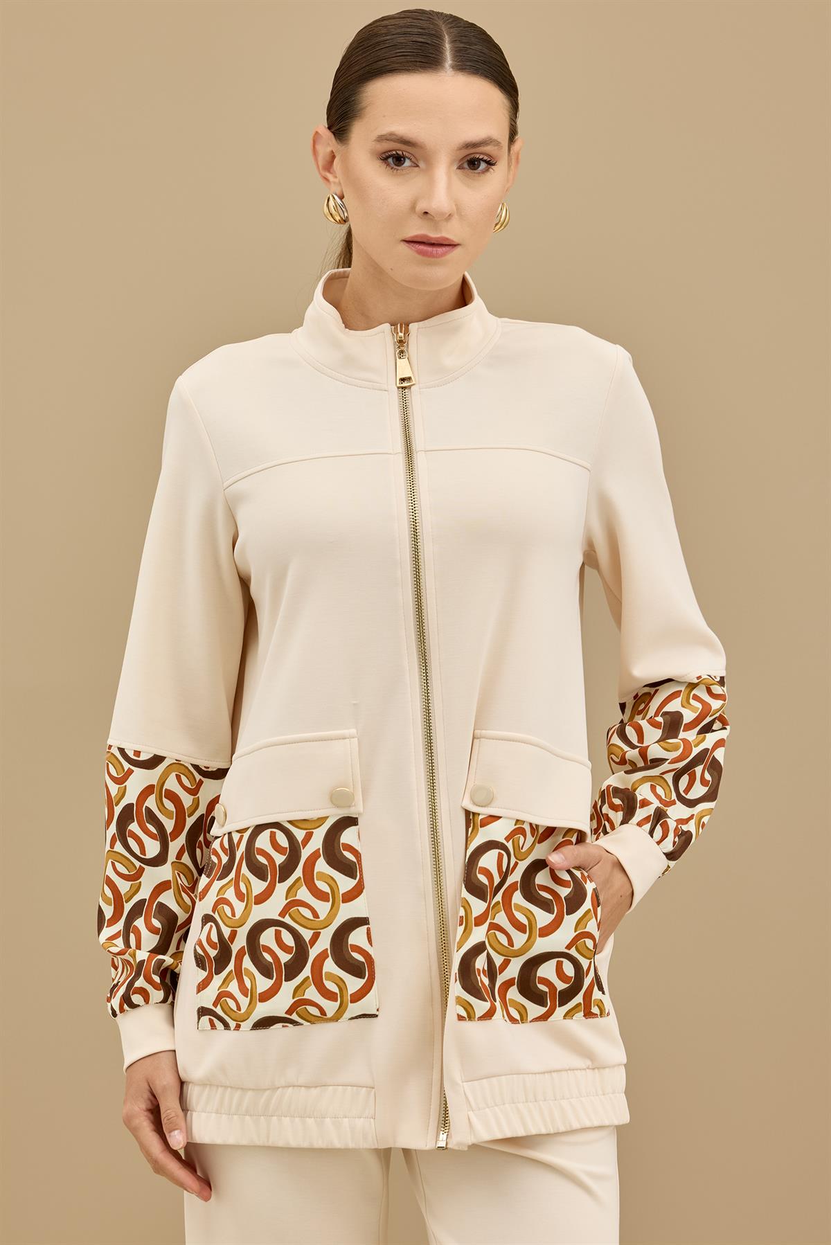 Desenli Kumaş Bloklu Pantolonu Takım BEJ