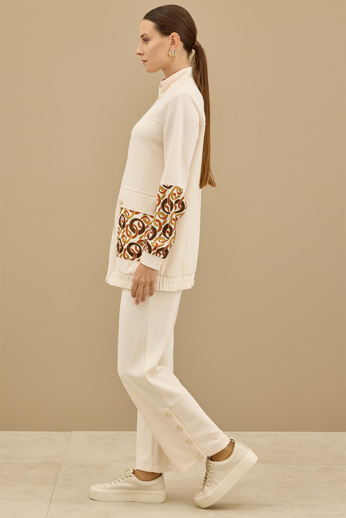 Desenli Kumaş Bloklu Pantolonu Takım BEJ