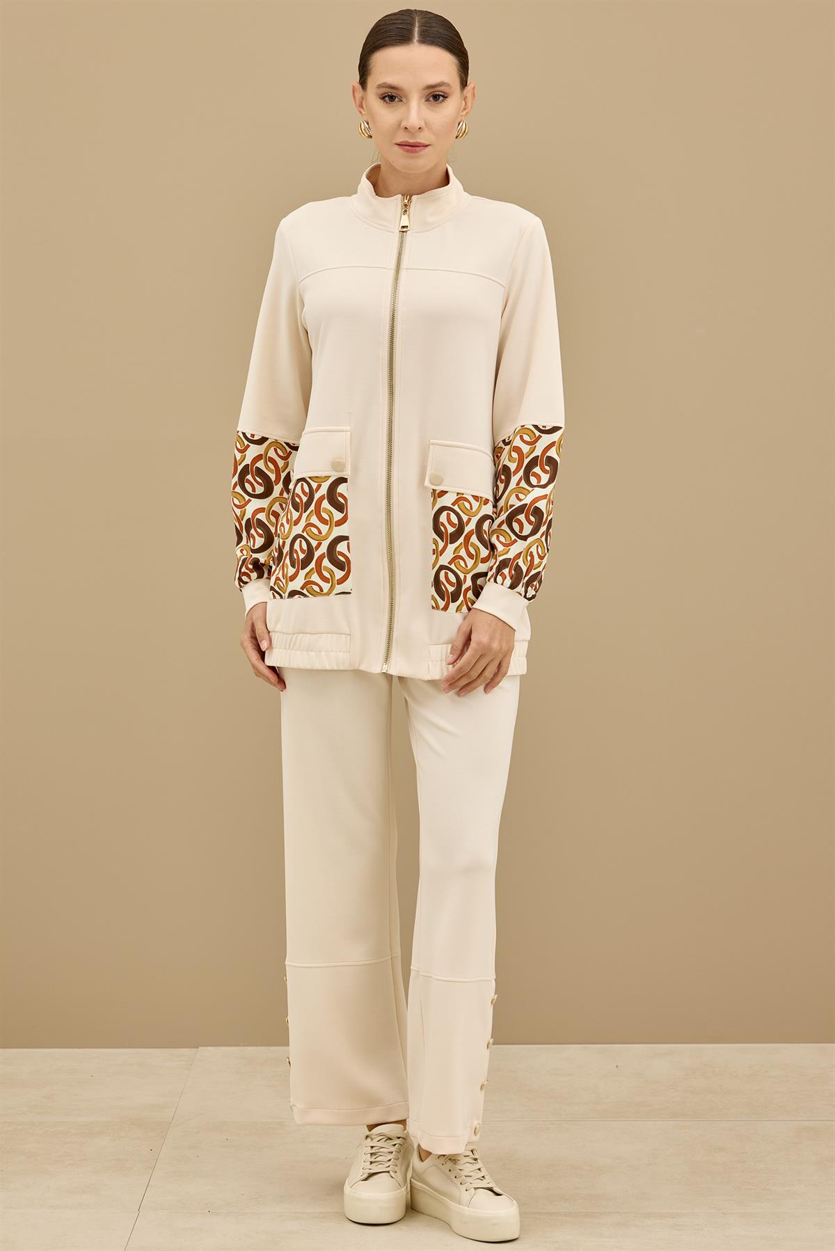 Desenli Kumaş Bloklu Pantolonu Takım BEJ