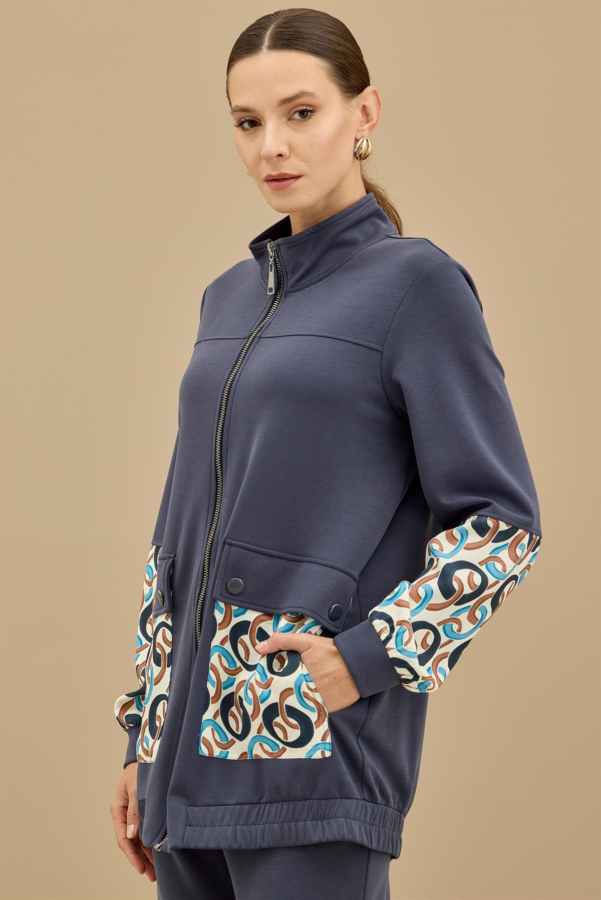 Desenli Kumaş Bloklu Pantolonu Takım LACİVERT