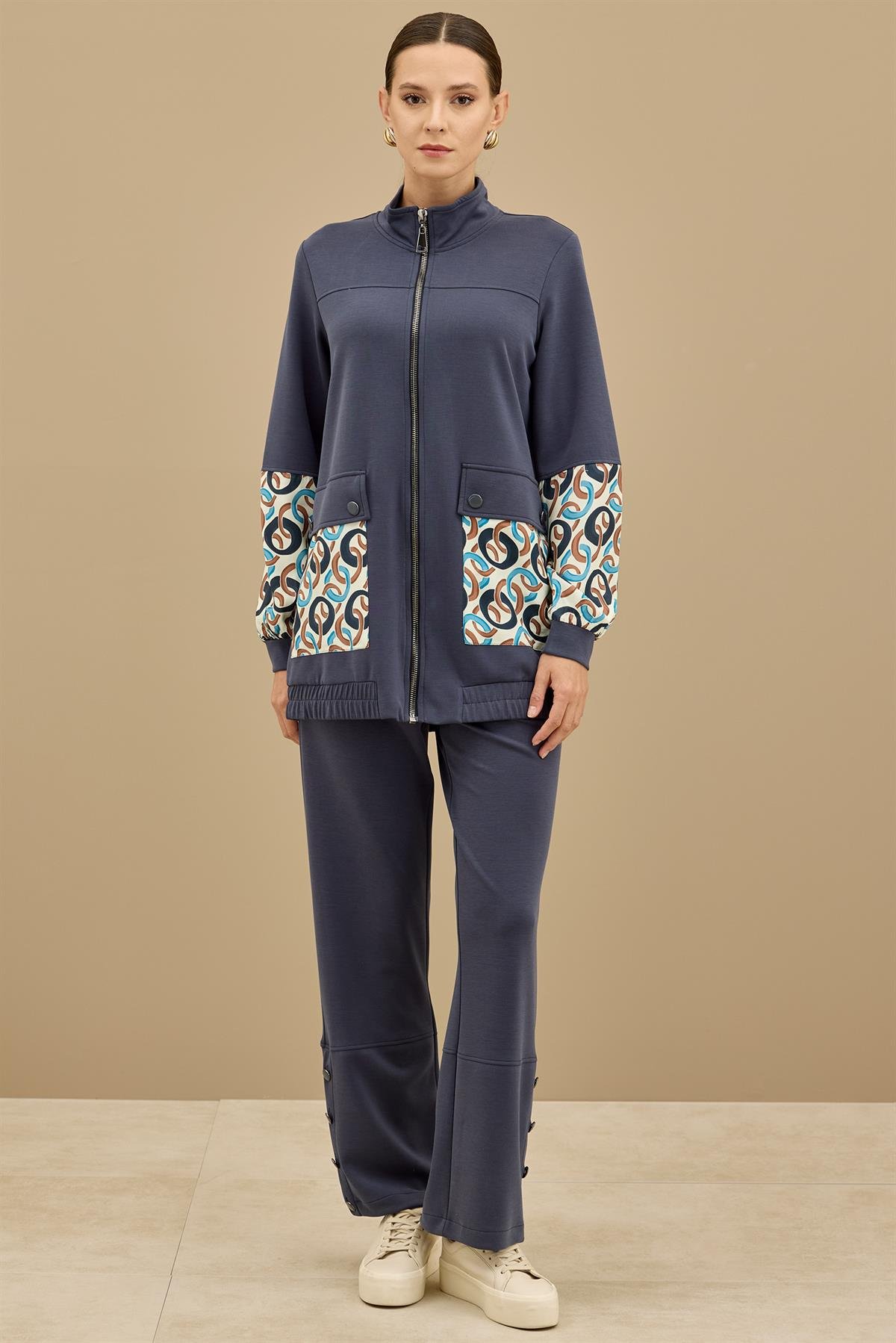 Desenli Kumaş Bloklu Pantolonu Takım LACİVERT