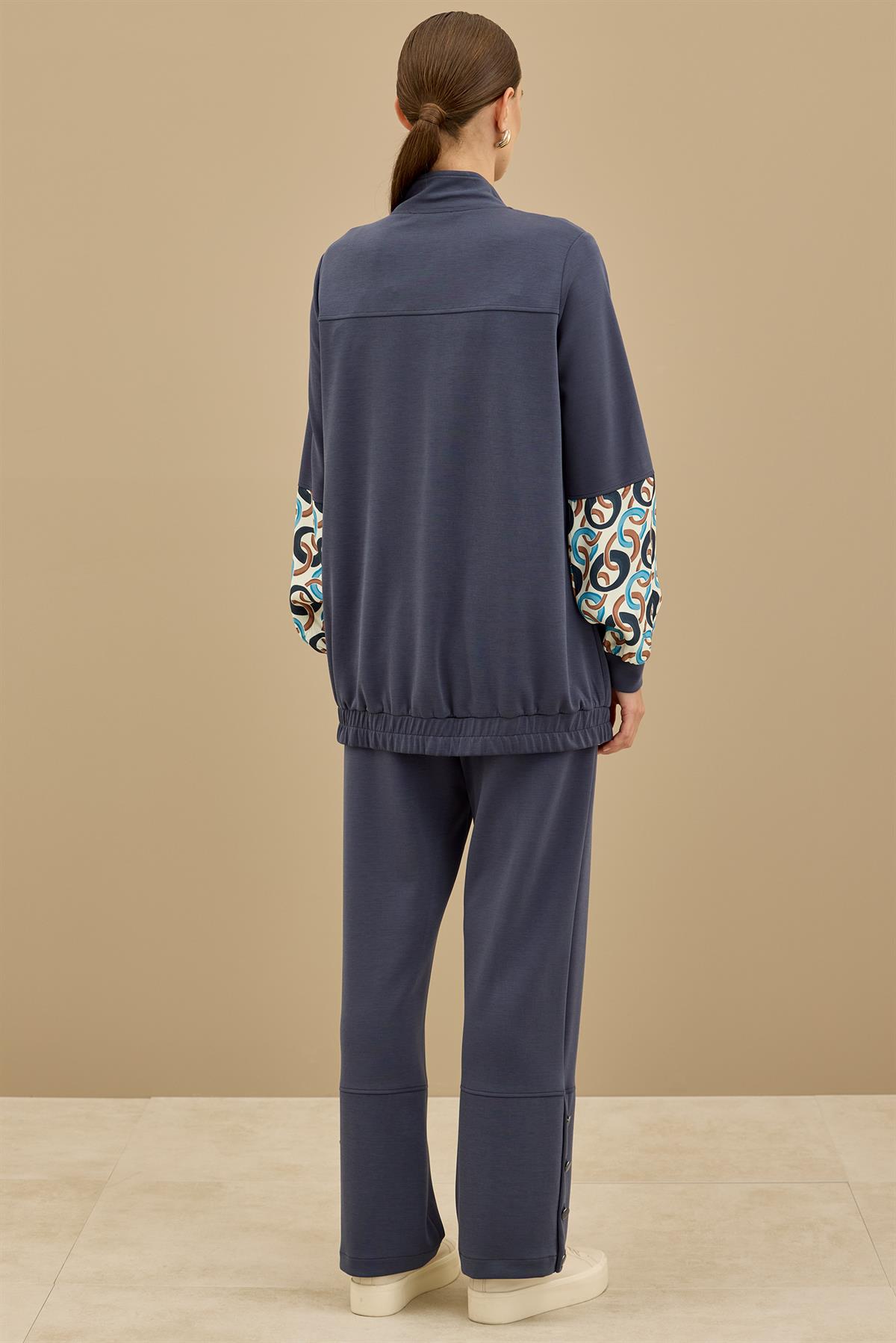 Desenli Kumaş Bloklu Pantolonu Takım LACİVERT