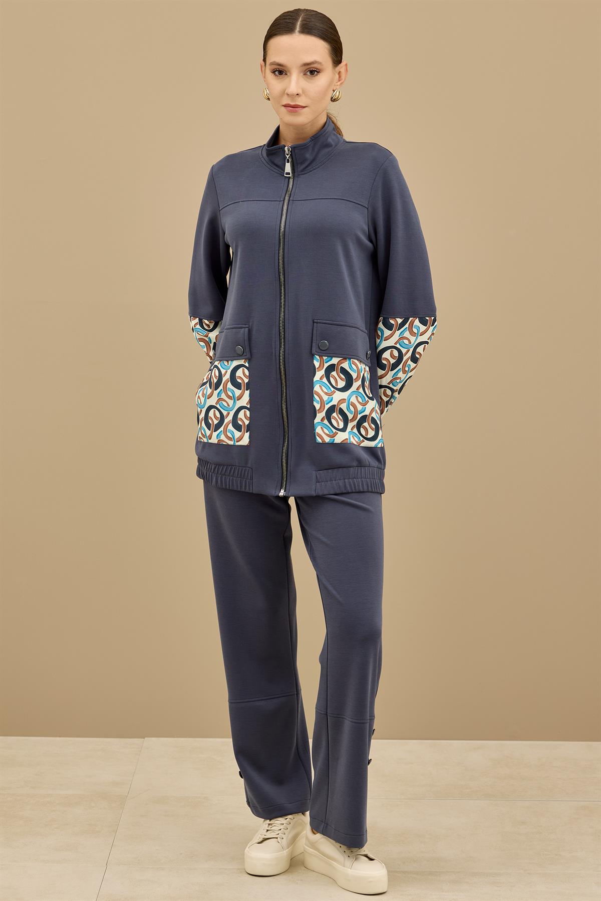 Desenli Kumaş Bloklu Pantolonu Takım LACİVERT