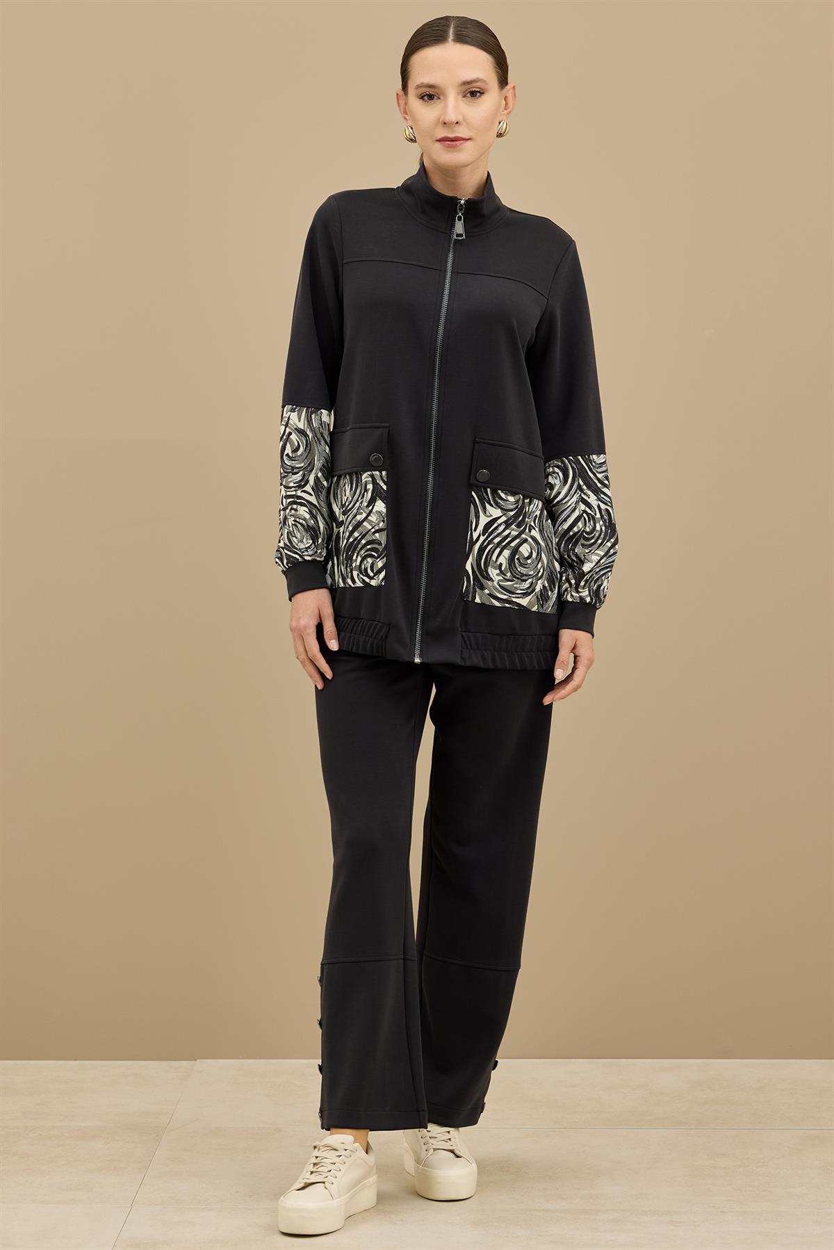 Desenli Kumaş Bloklu Pantolonu Takım SİYAH