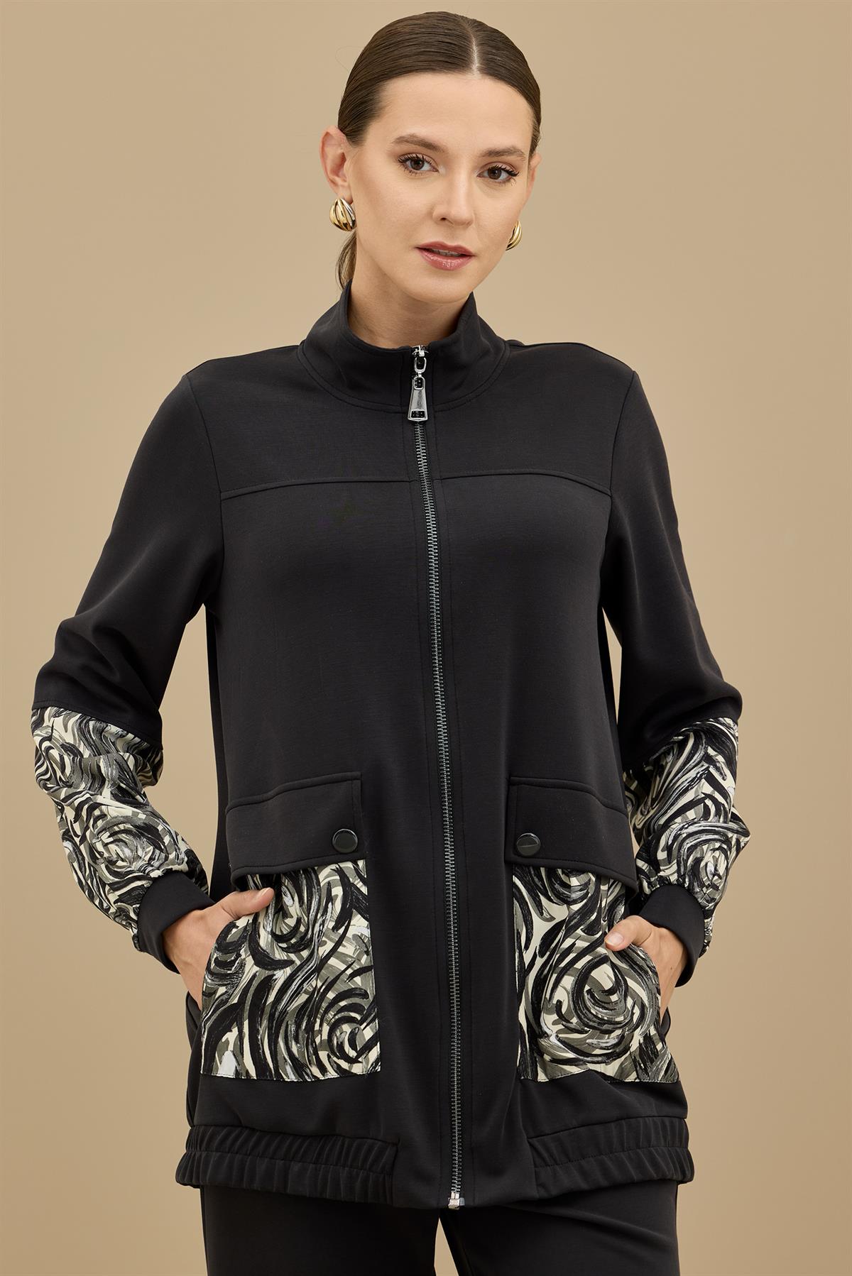 Desenli Kumaş Bloklu Pantolonu Takım SİYAH