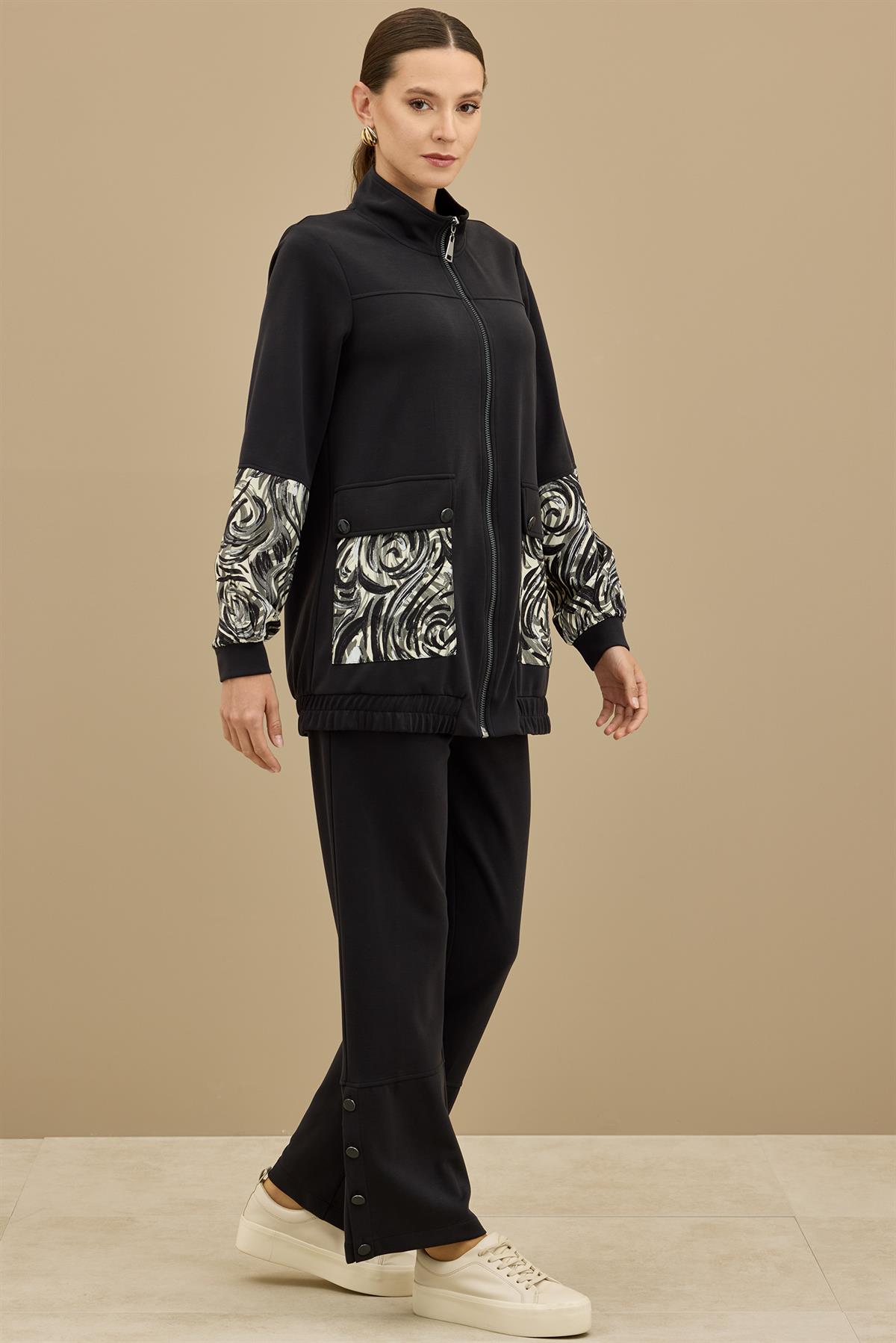 Desenli Kumaş Bloklu Pantolonu Takım SİYAH