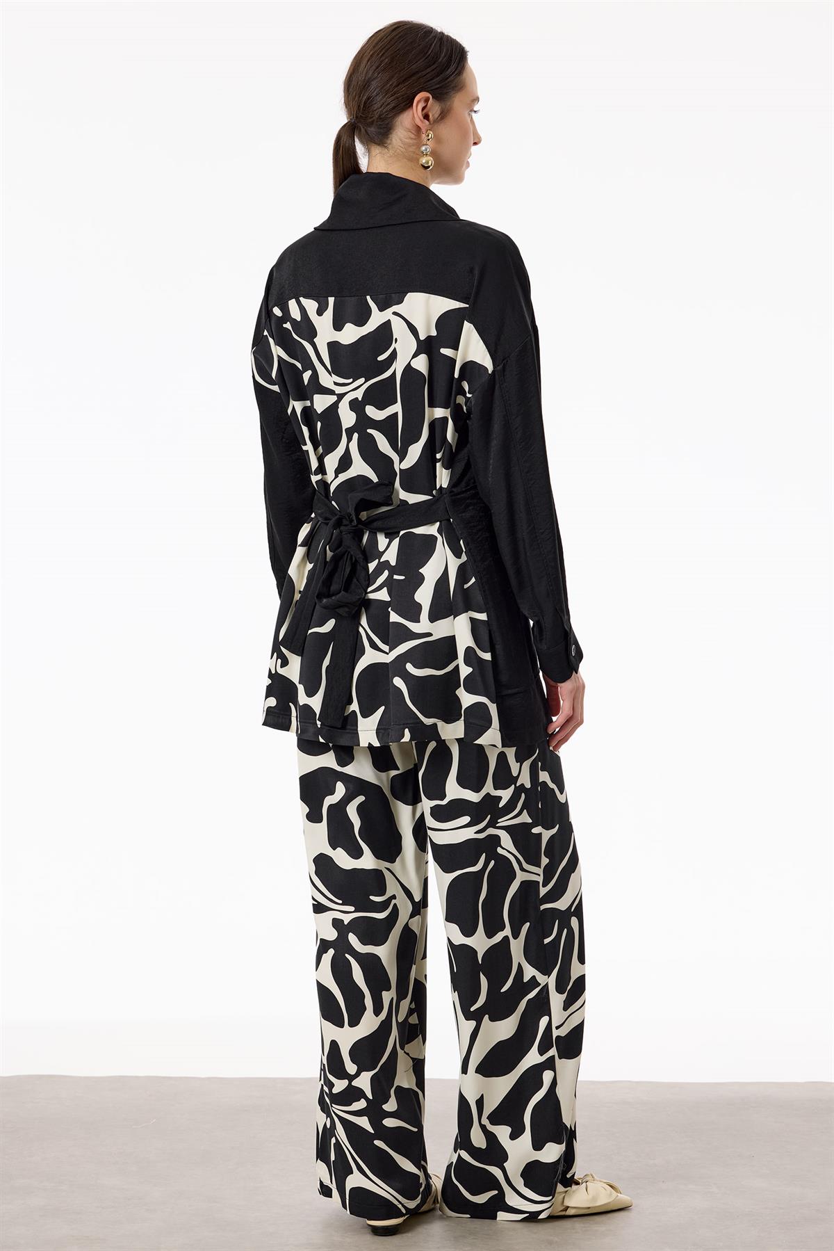 Desenli Pallazzo Pantolon Takım SİYAH