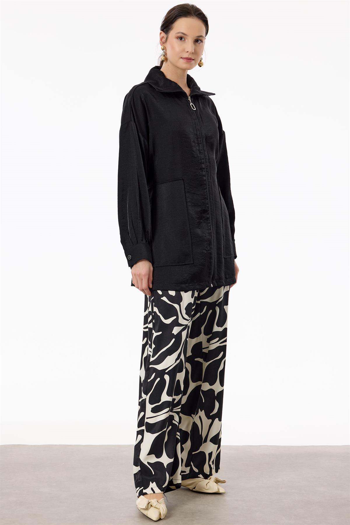 Desenli Pallazzo Pantolon Takım SİYAH