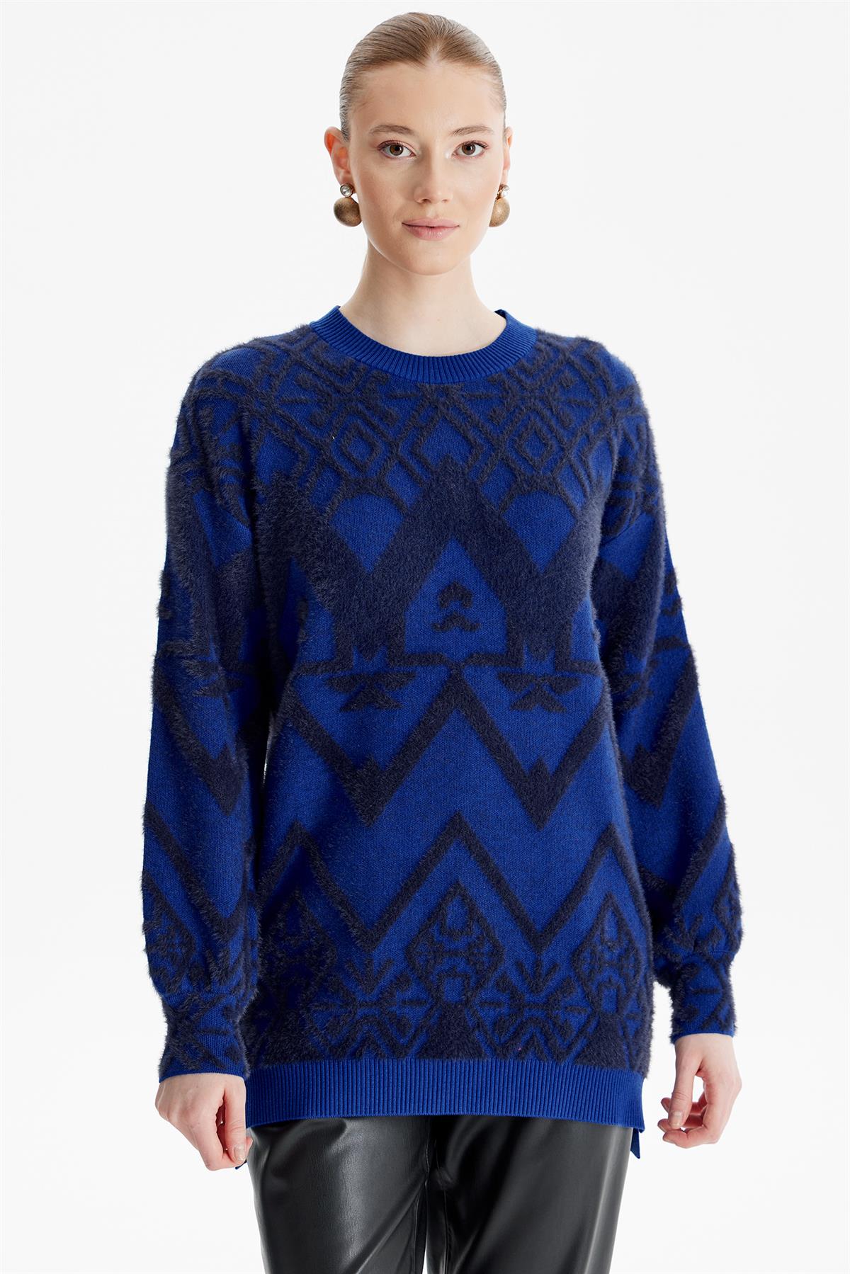 Desenli Sıfır Yaka Triko Tunik SAKS