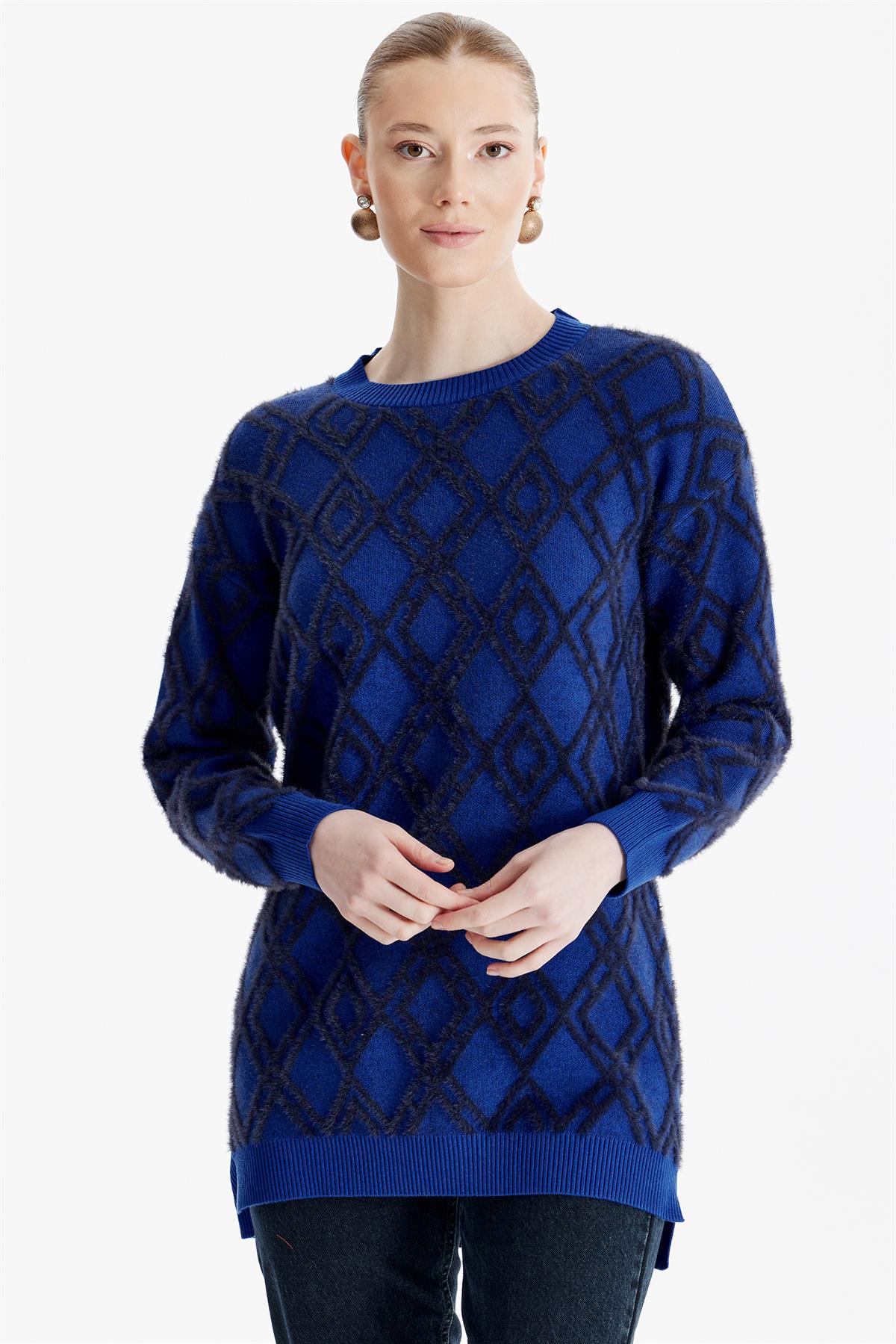 Desenli Sıfır Yaka Triko Tunik SAKS