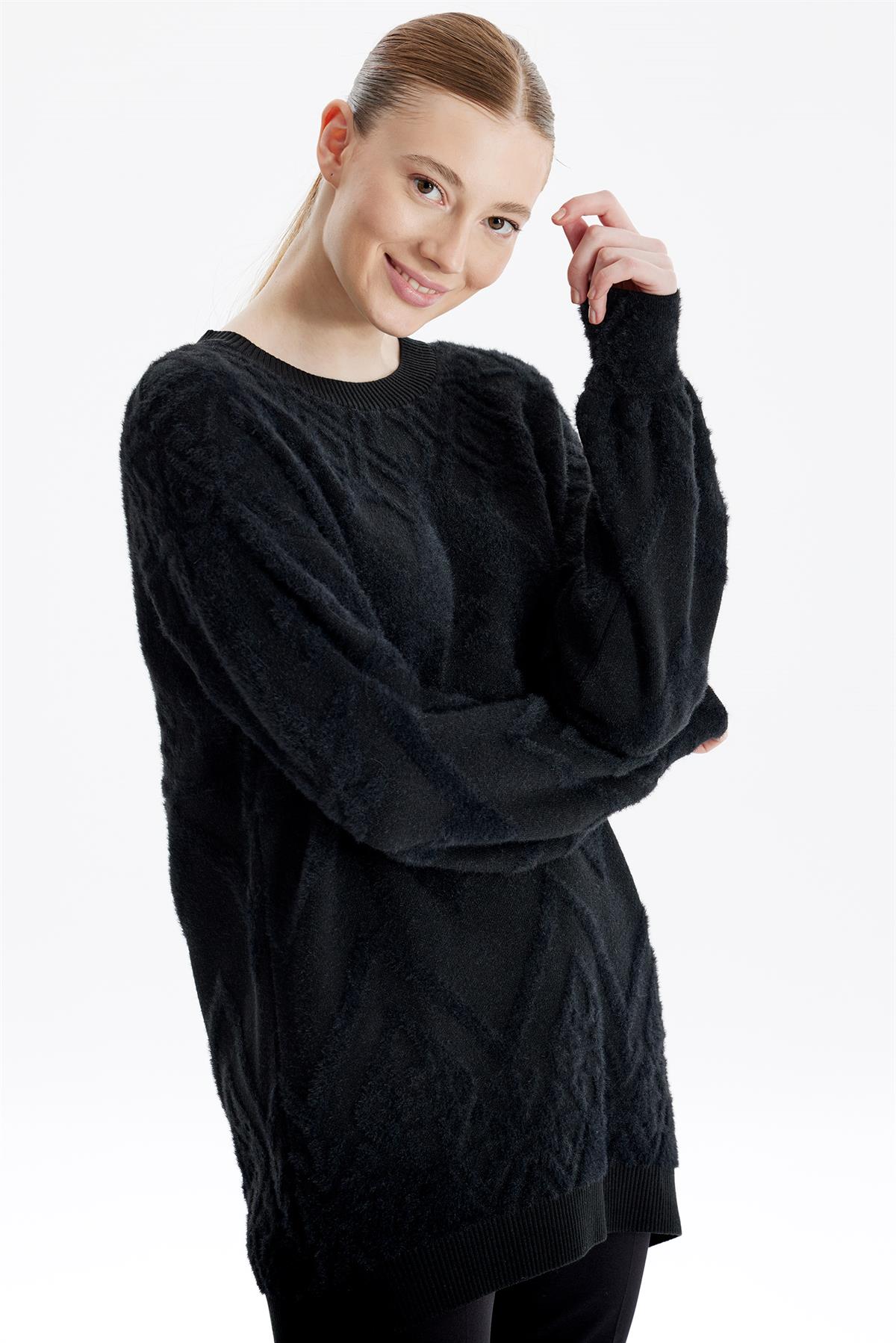 Desenli Sıfır Yaka Triko Tunik SİYAH