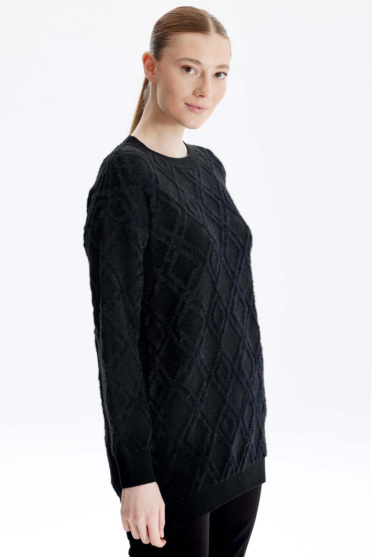 Desenli Sıfır Yaka Triko Tunik SİYAH