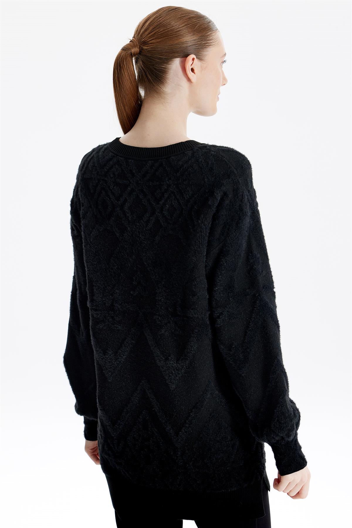 Desenli Sıfır Yaka Triko Tunik SİYAH