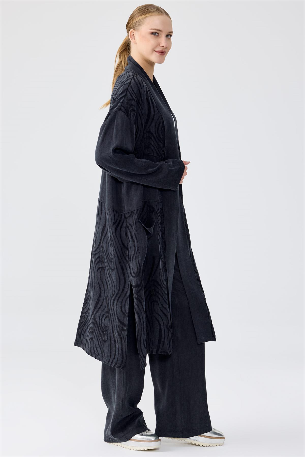 Desenli Ve Düz Kumaş Kombinli Uzun Hırka Takım SİYAH