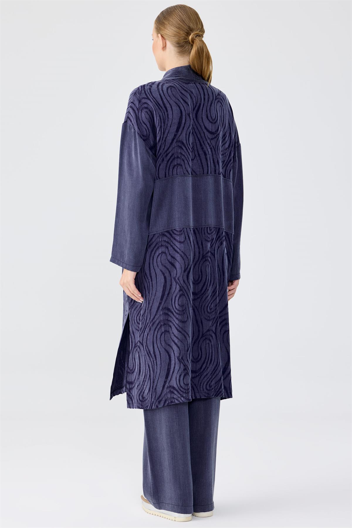 Desenli Ve Düz Kumaş Kombinli Uzun Hırka Takım LACİVERT