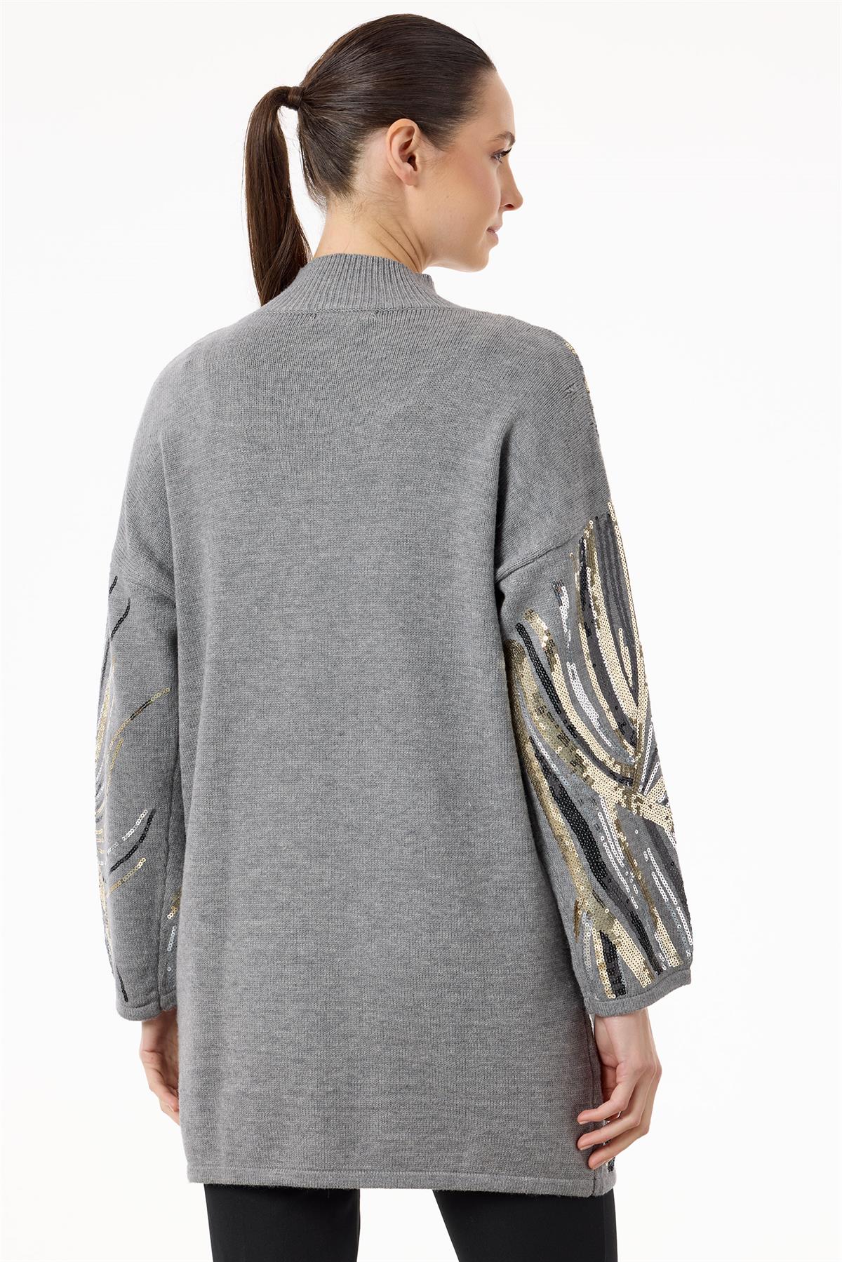 Desenli ve Payetli Triko Tunik GRİ