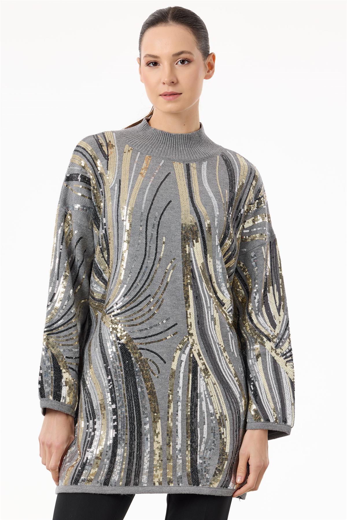 Desenli ve Payetli Triko Tunik GRİ