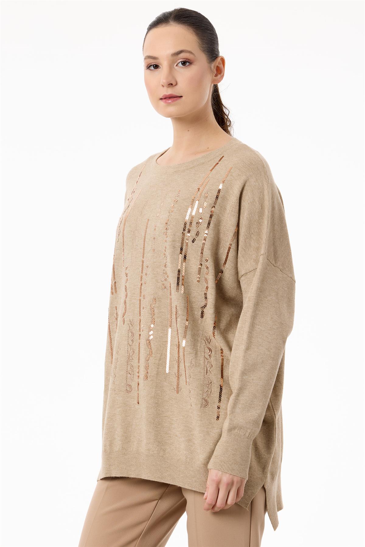 Dikine Şerit Payetli Triko Tunik HAKİ