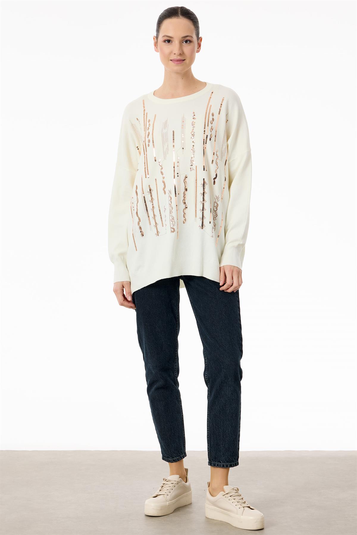 Dikine Şerit Payetli Triko Tunik EKRU