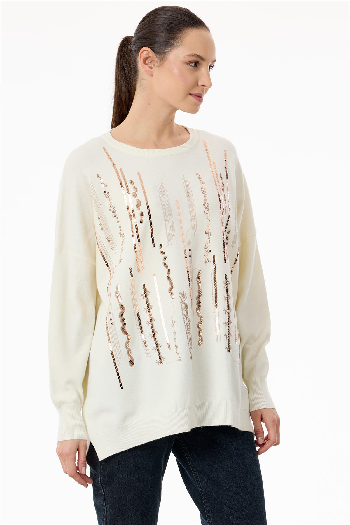 Dikine Şerit Payetli Triko Tunik EKRU