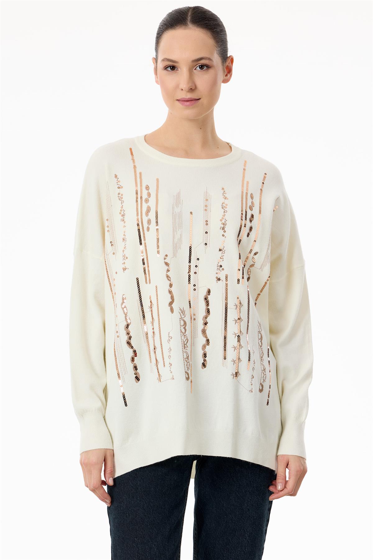 Dikine Şerit Payetli Triko Tunik EKRU