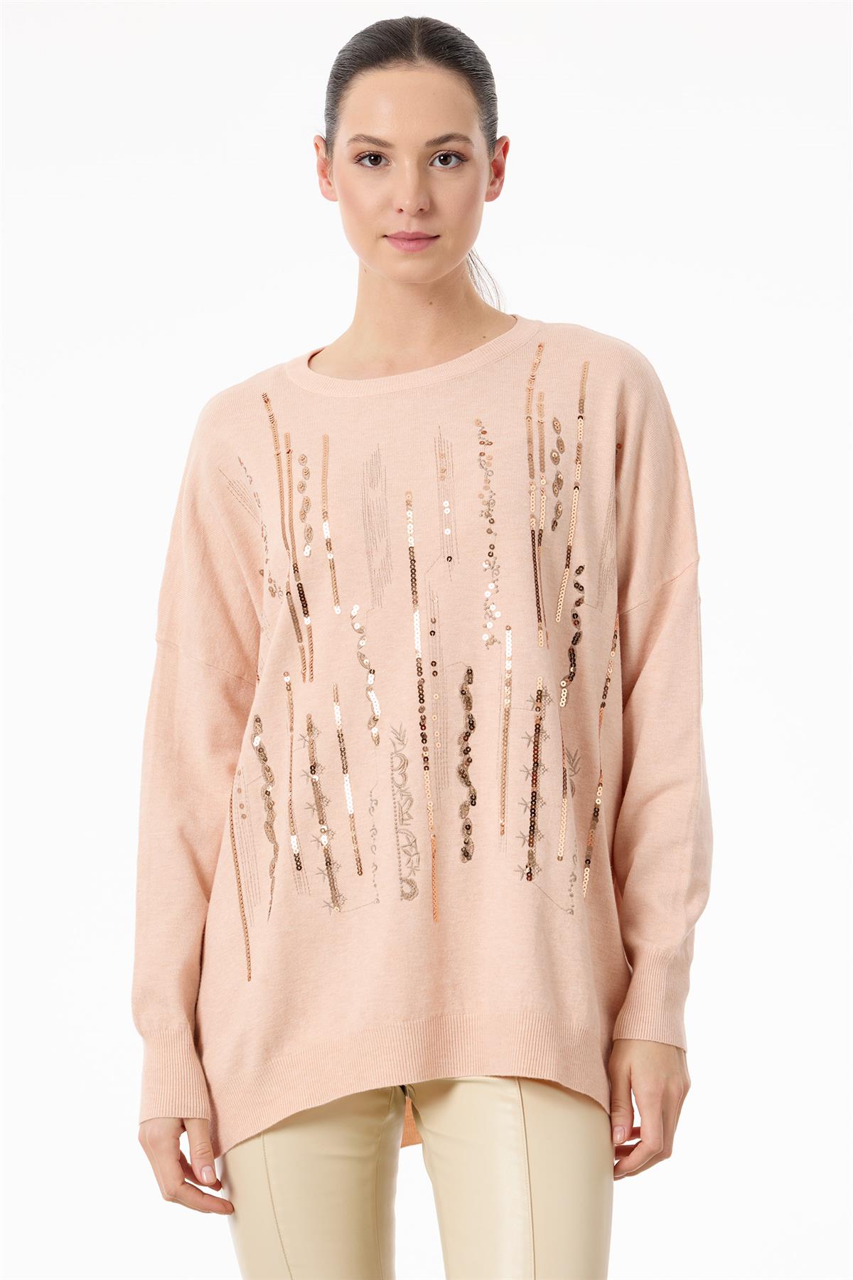 Dikine Şerit Payetli Triko Tunik PEMBE