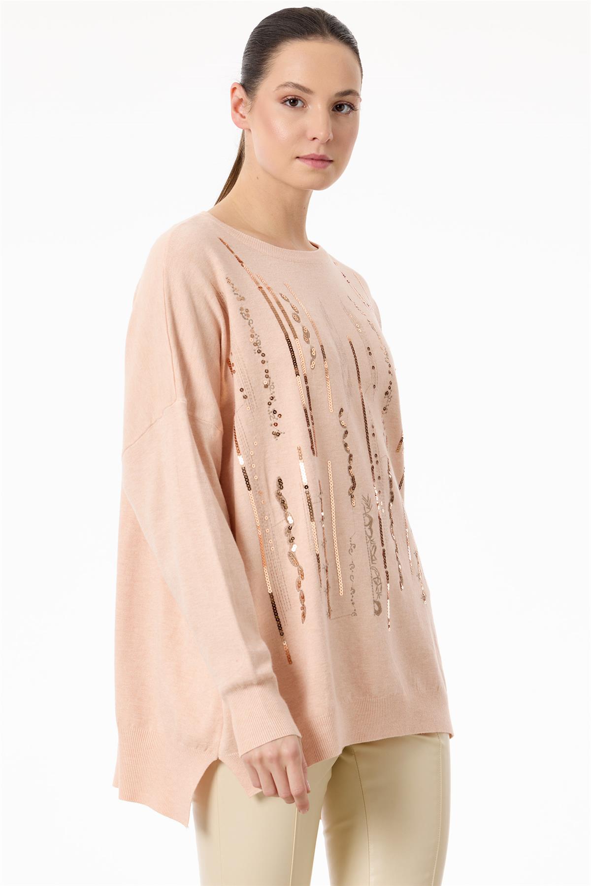 Dikine Şerit Payetli Triko Tunik PEMBE