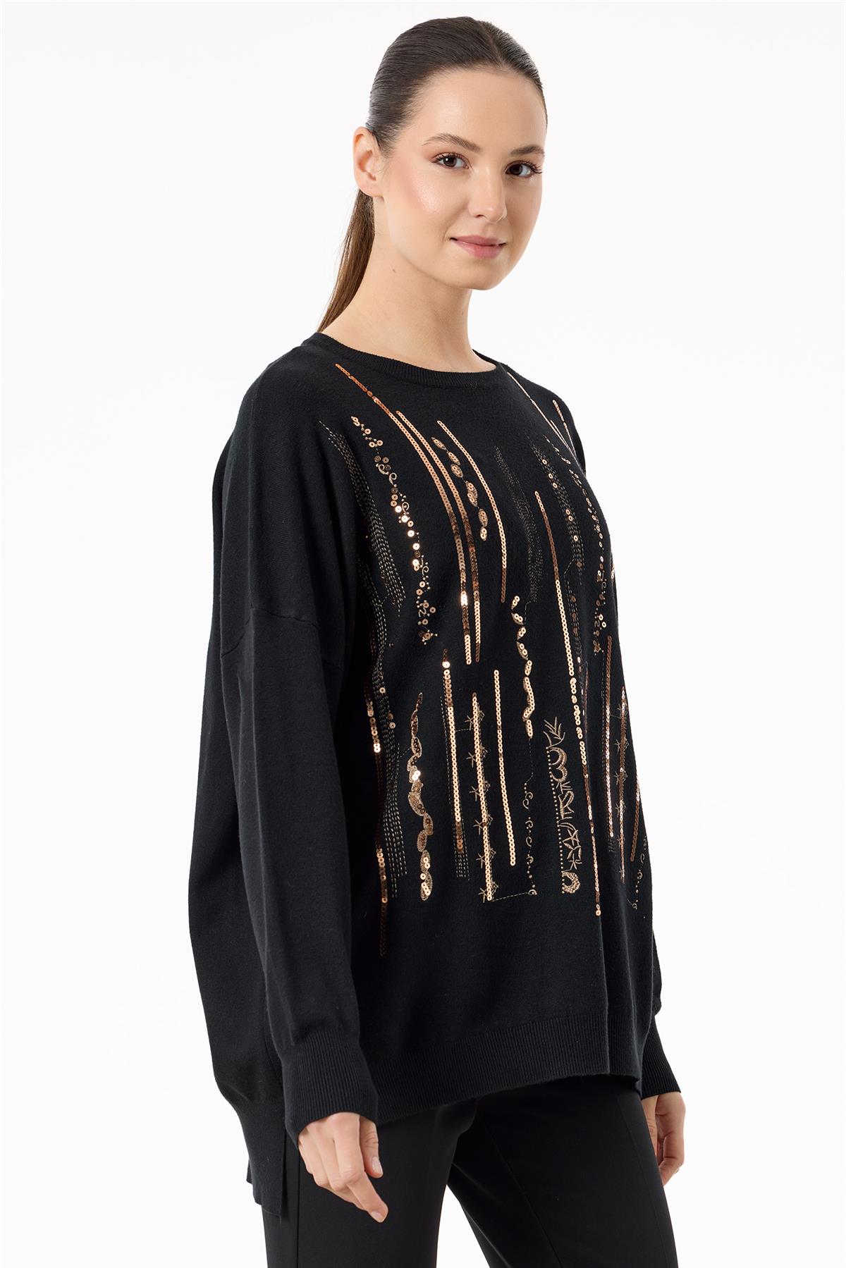 Dikine Şerit Payetli Triko Tunik SİYAH