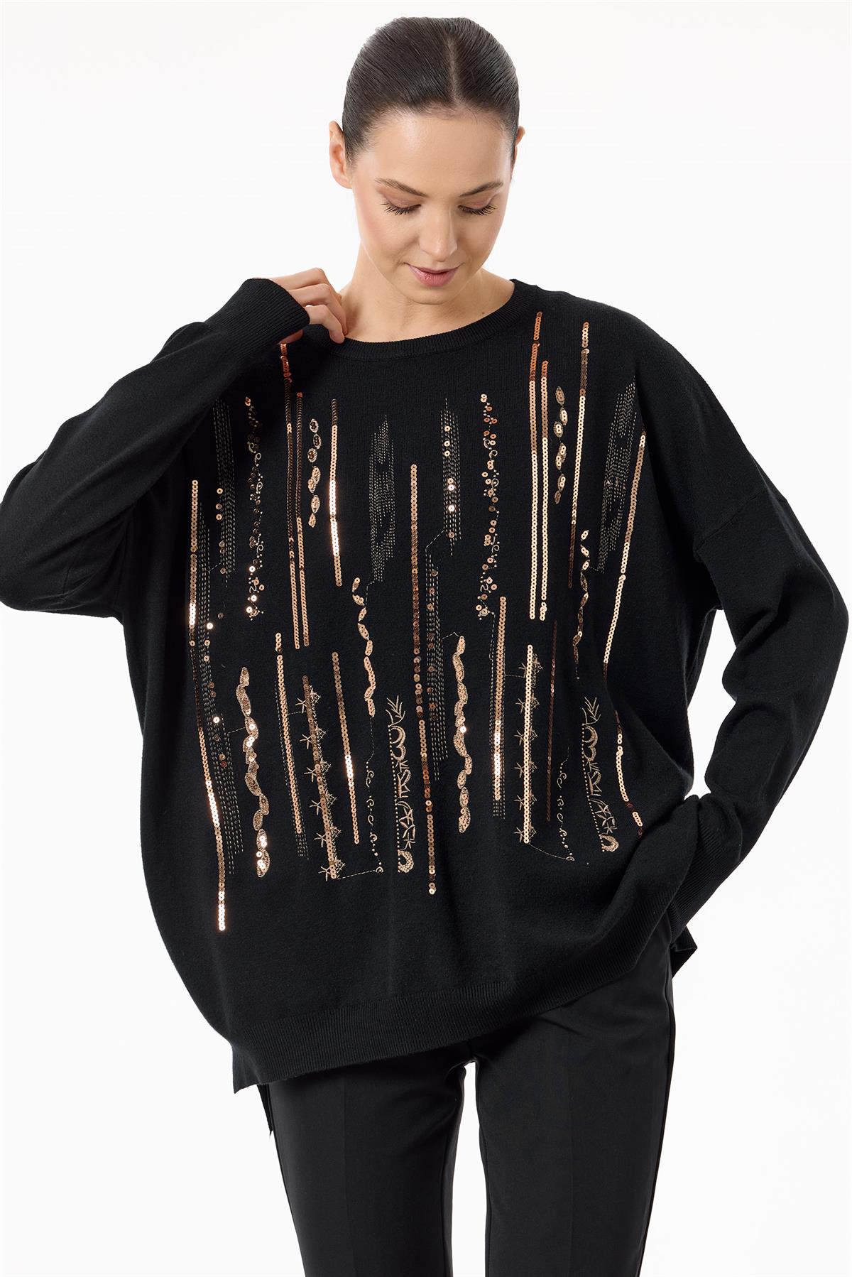 Dikine Şerit Payetli Triko Tunik SİYAH