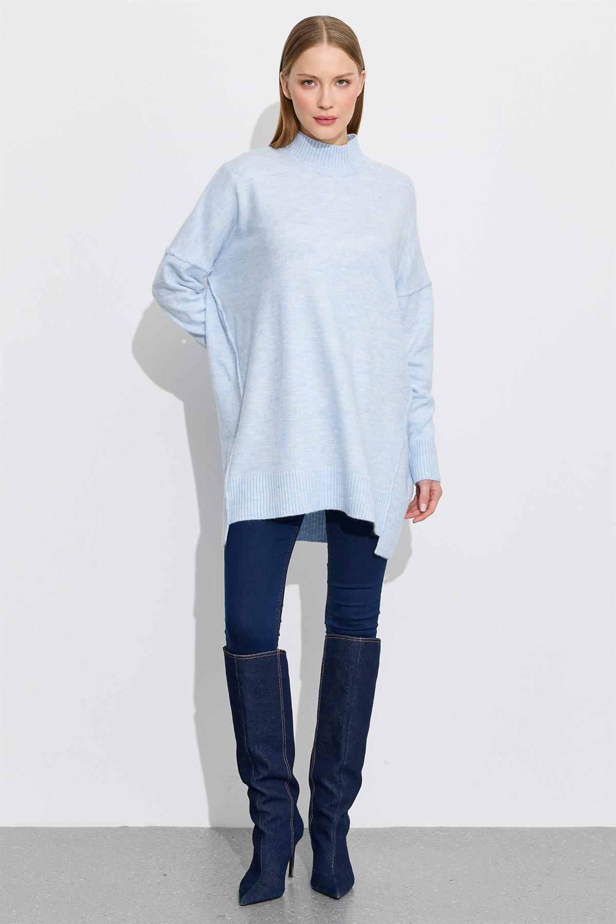 Dikiş Detaylı Basic Triko Tunik MAVİ