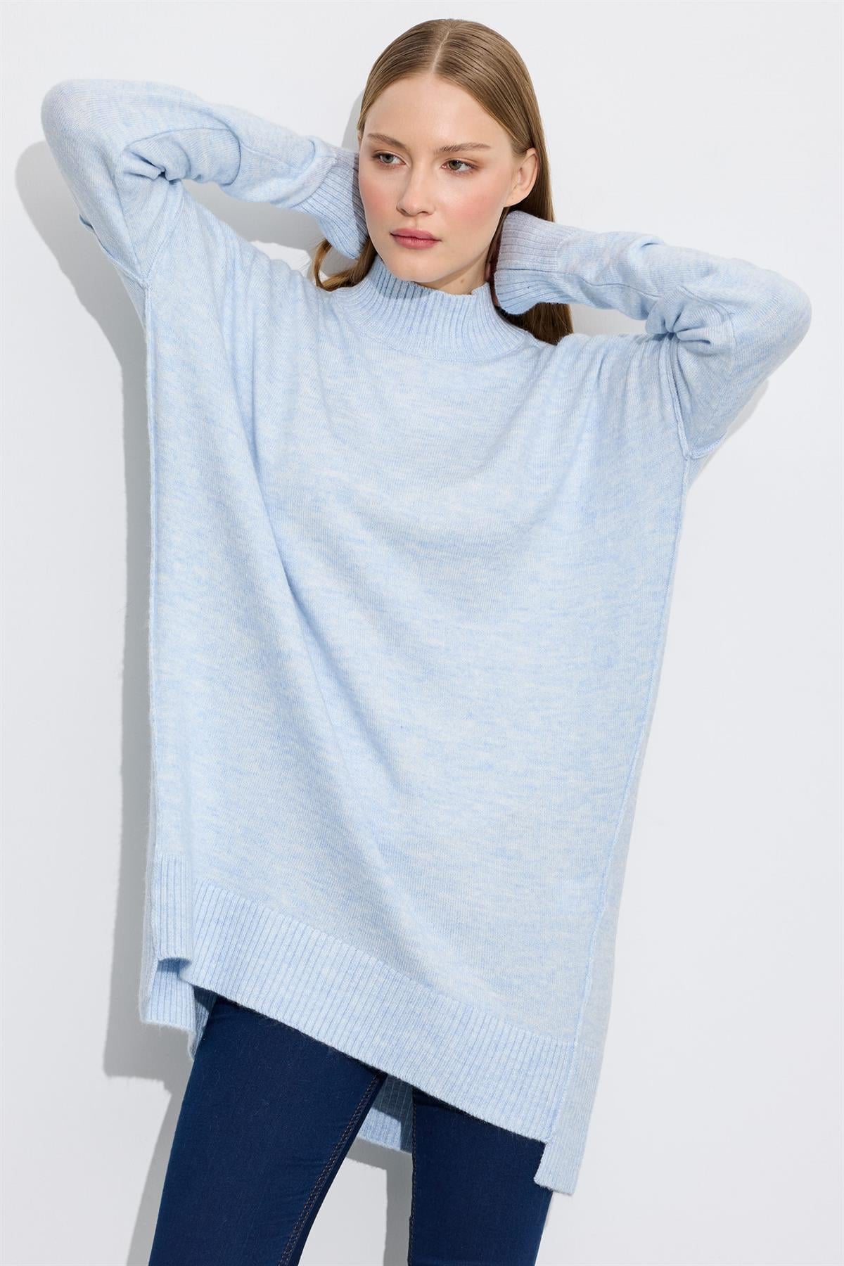 Dikiş Detaylı Basic Triko Tunik MAVİ