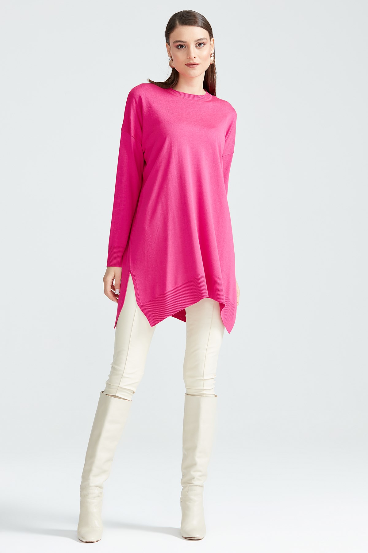 Düşük Kol Triko Tunik FUŞYA