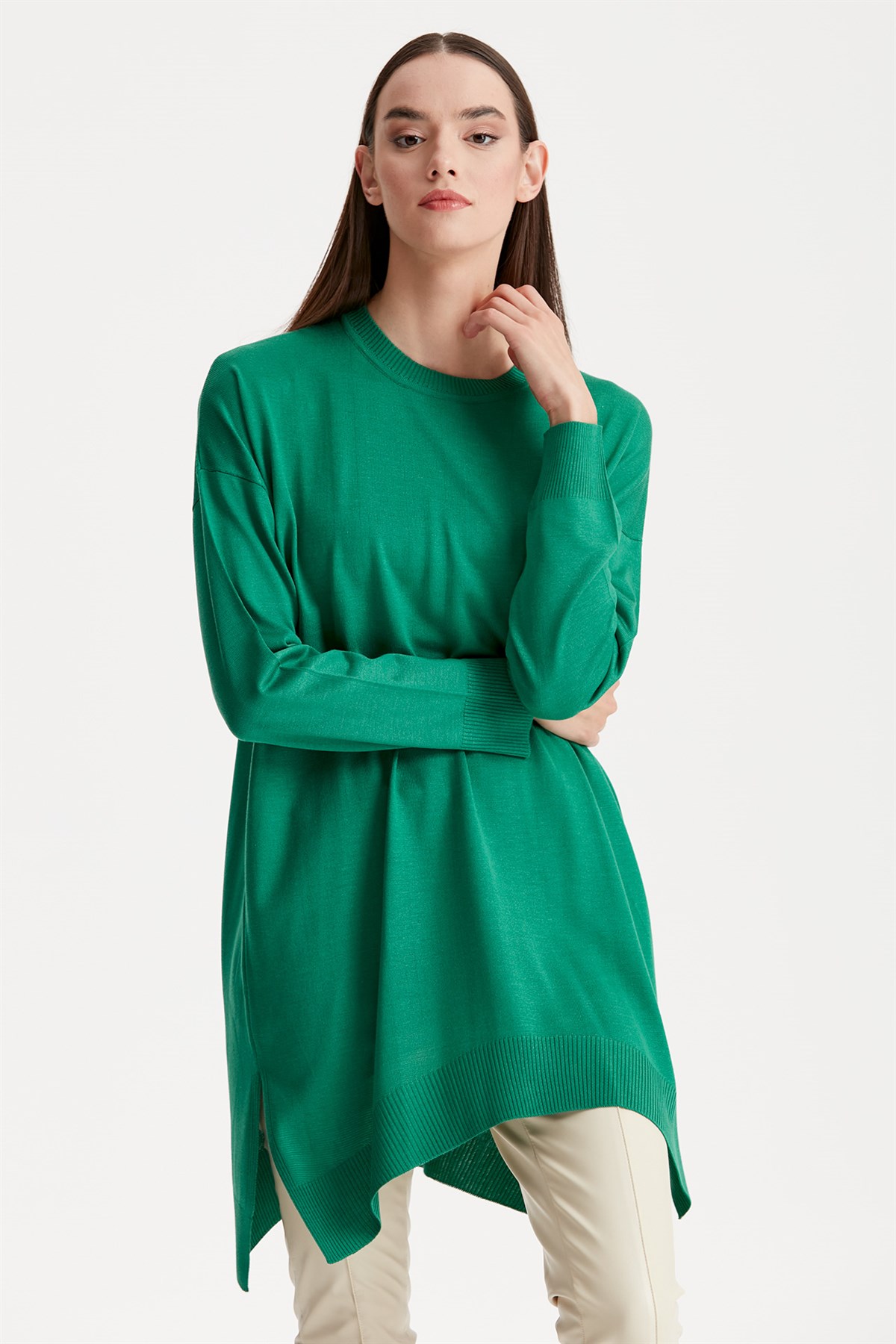 Düşük Kol Triko Tunik YEŞİL