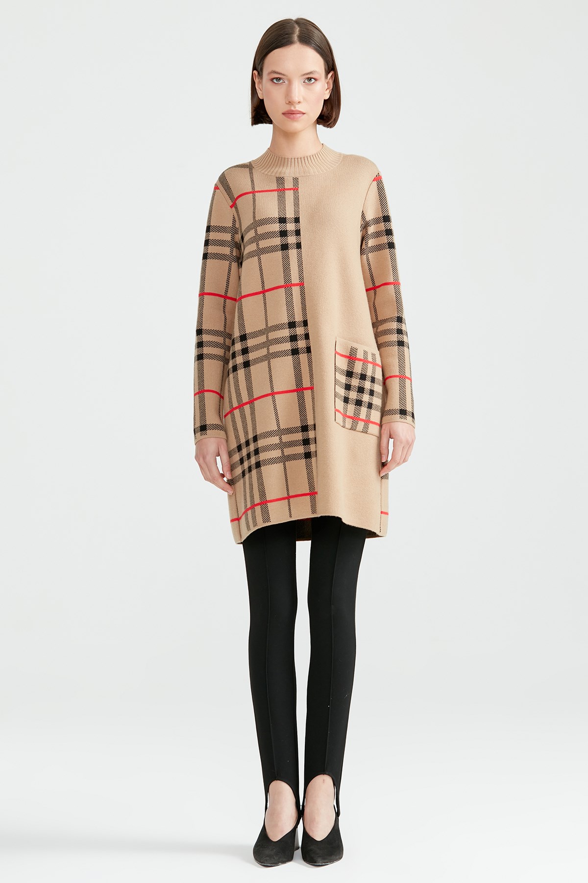 Ekose Detaylı Yarım Balıkçı Triko Tunik CAMEL