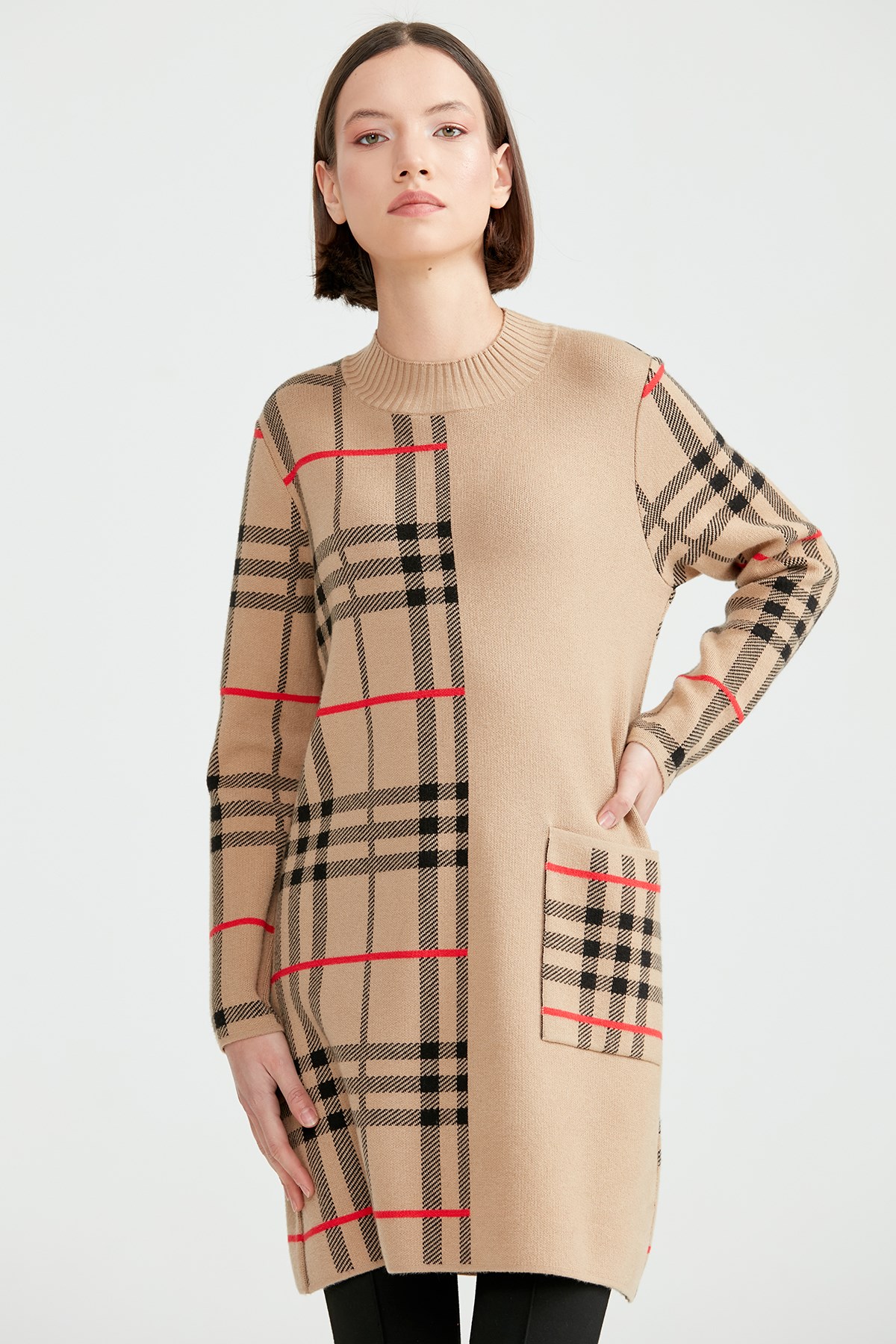 Ekose Detaylı Yarım Balıkçı Triko Tunik CAMEL