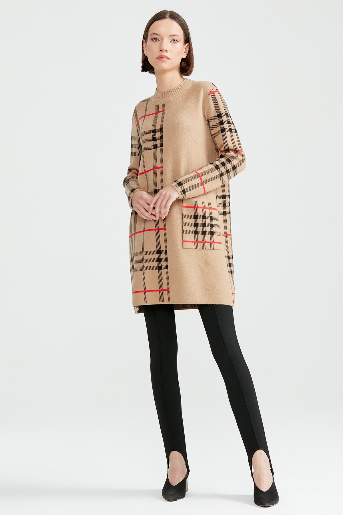 Ekose Detaylı Yarım Balıkçı Triko Tunik CAMEL