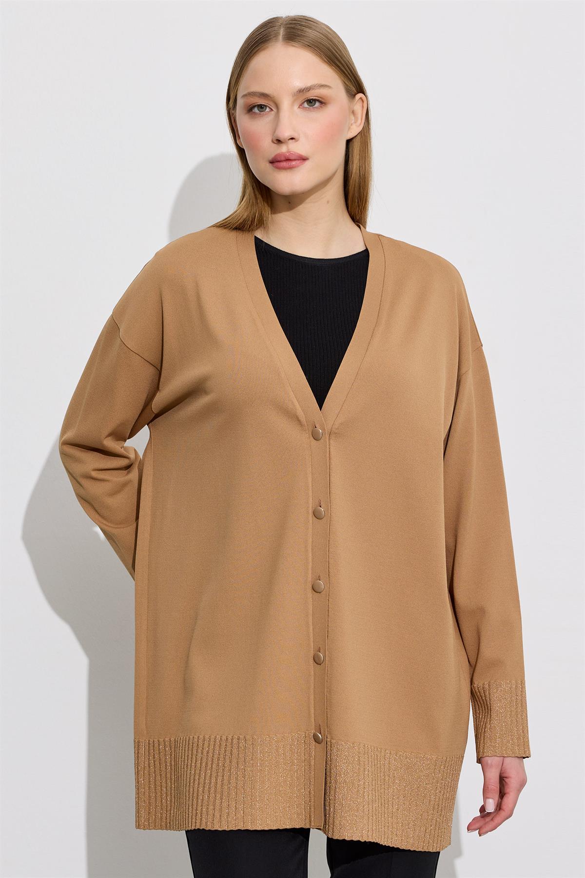 Eteği Simli Rayon Hırka CAMEL
