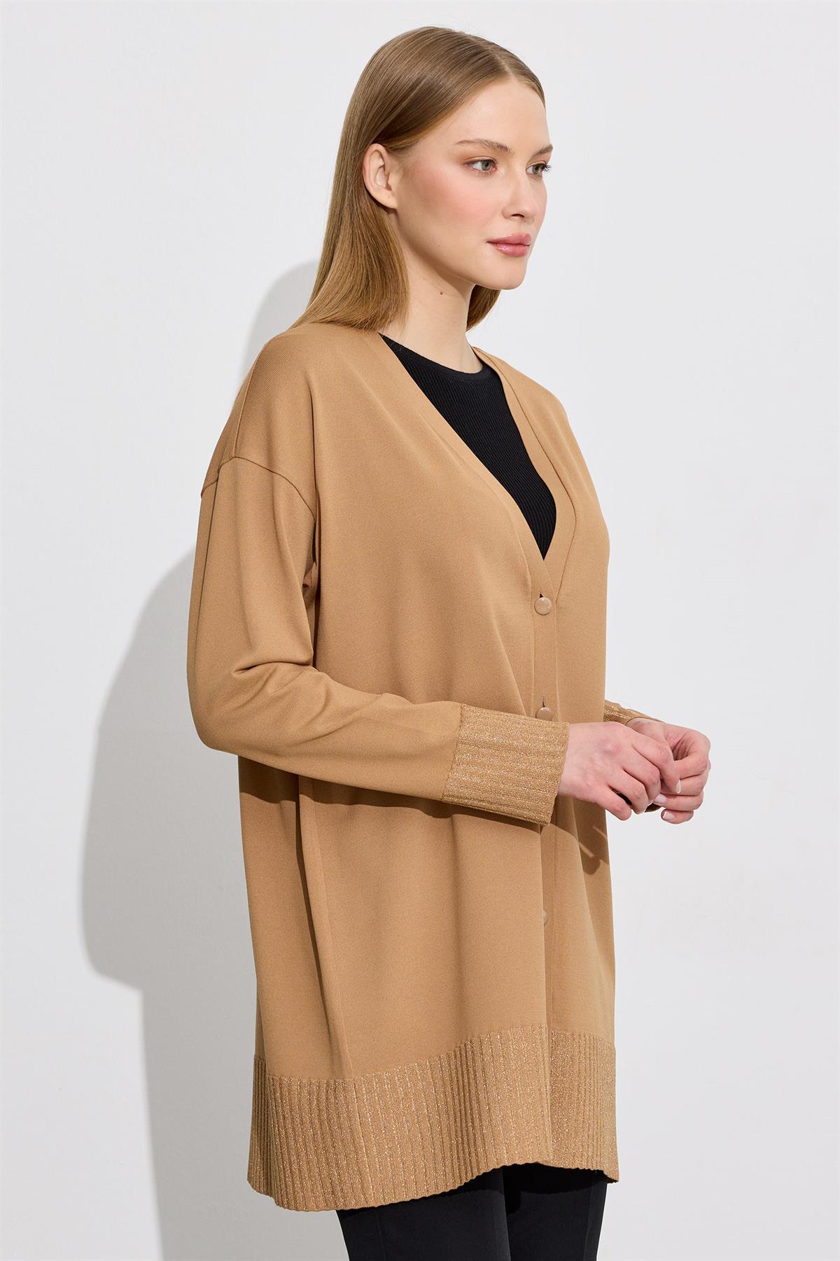 Eteği Simli Rayon Hırka CAMEL