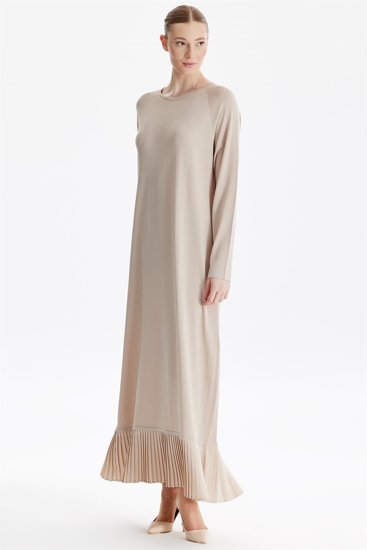 Etek Altı Piliseli Rayon Elbise BEJ