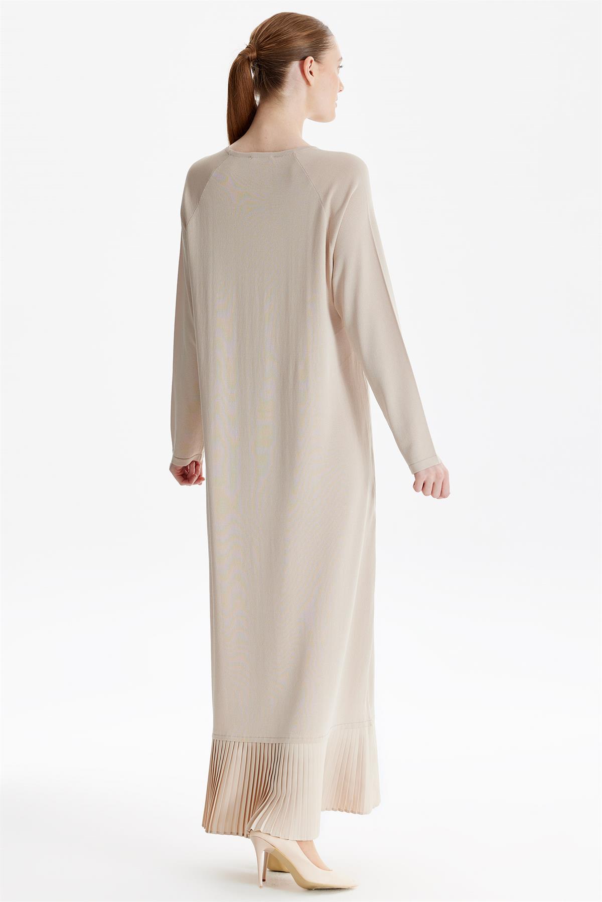 Etek Altı Piliseli Rayon Elbise BEJ