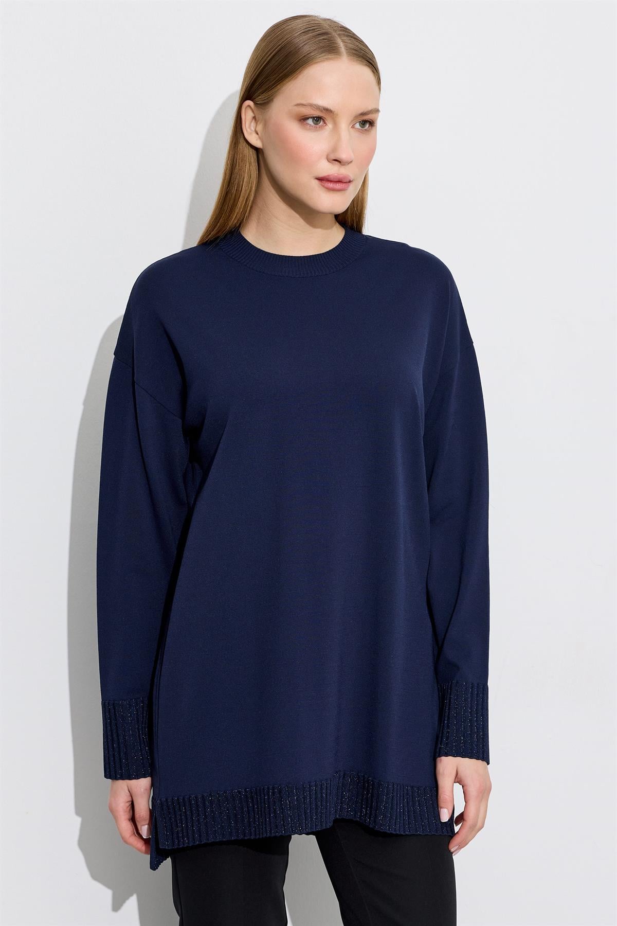 Etek Ucu Simli Rayon Tunik LACİVERT