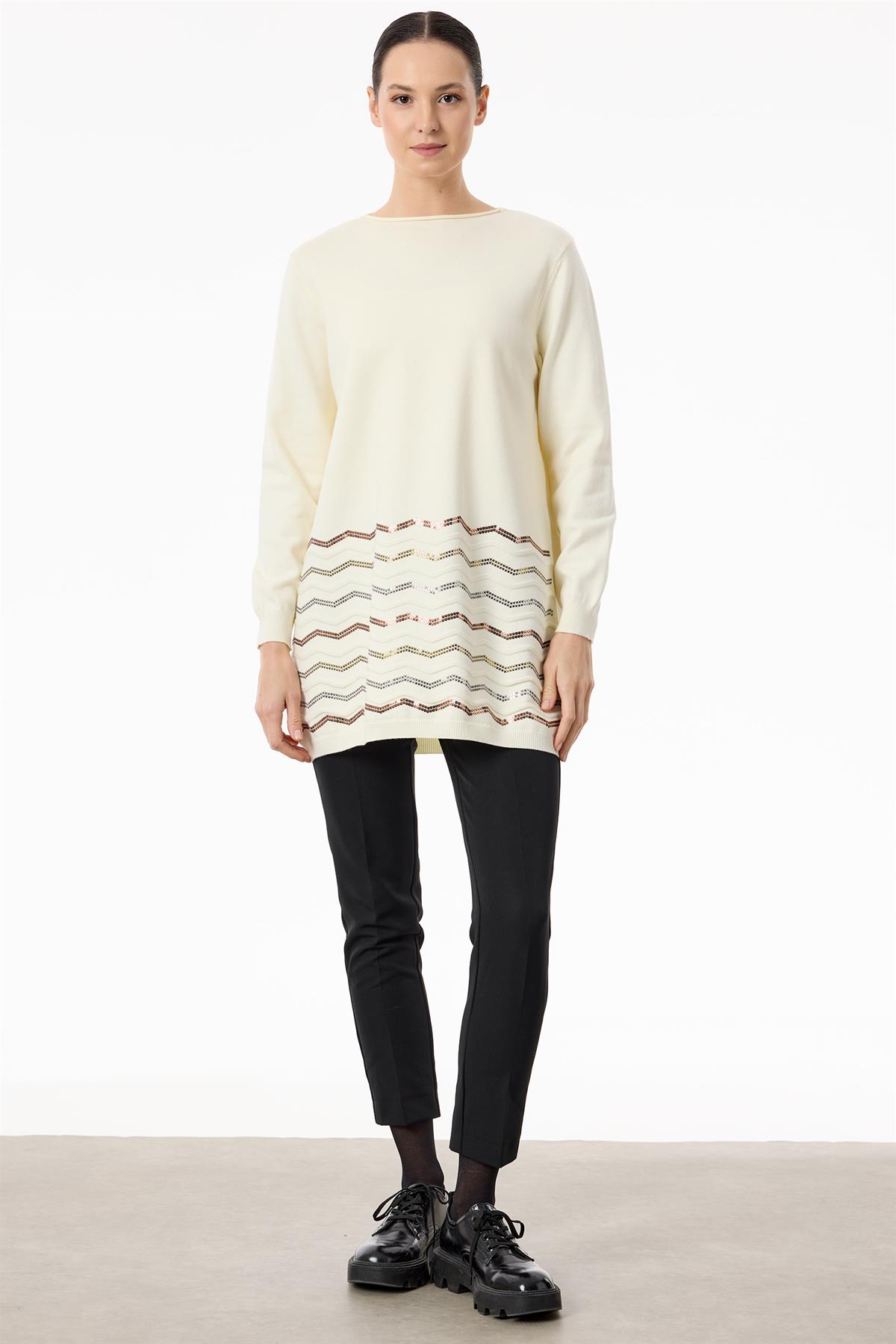 Etek Ucu Zikzak Payetli triko Tunik EKRU