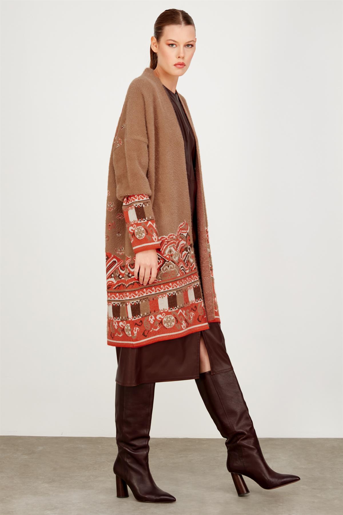 ETNİK DESENLİ MİNK KABAN CAMEL