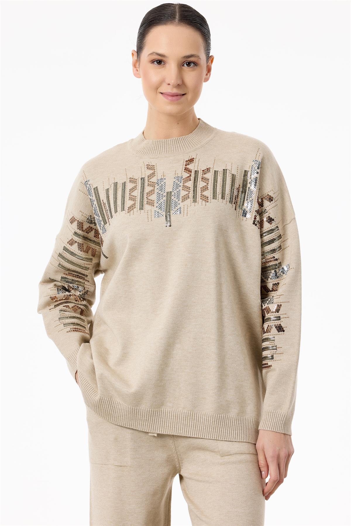 Etnik Desenli Taşlı Triko Pantolon Takım HAKİ