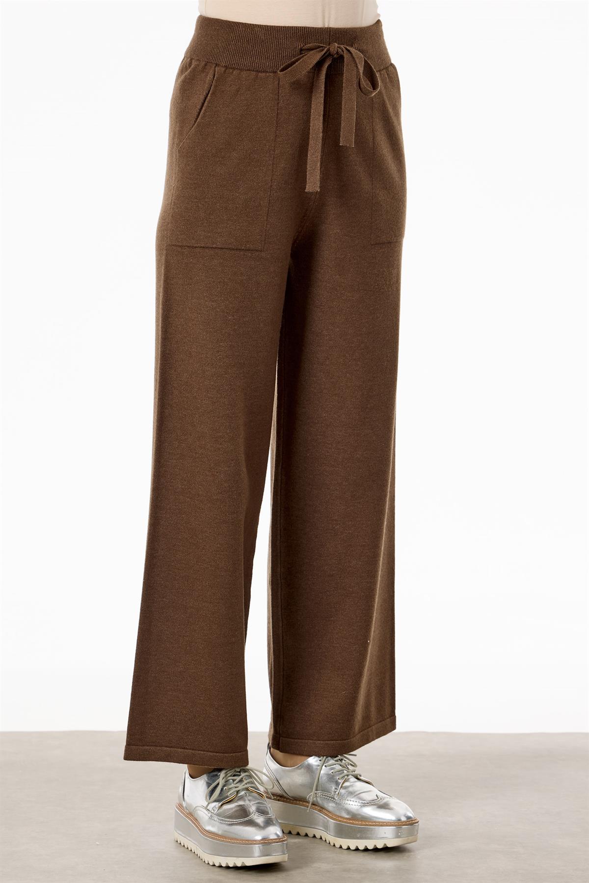 Etnik Desenli Taşlı Triko Pantolon Takım KAHVE