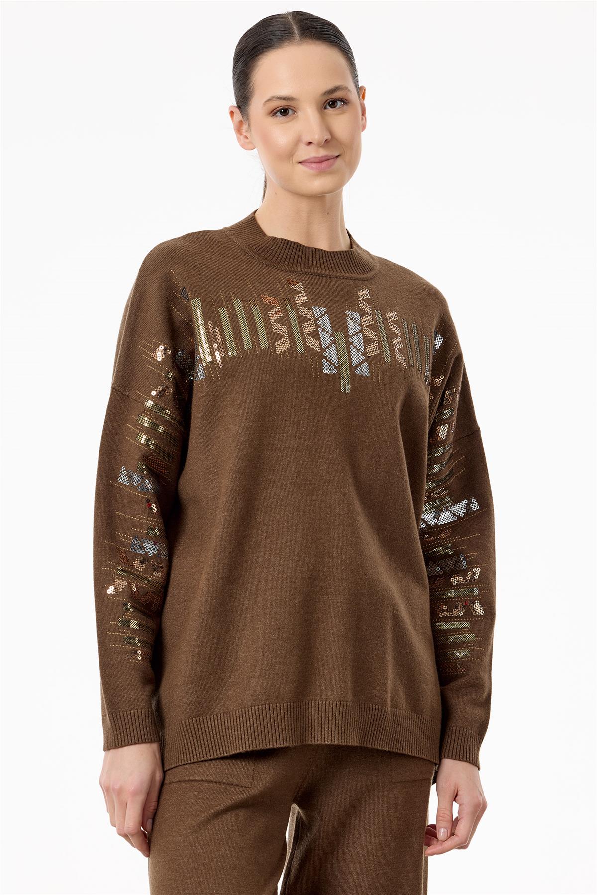 Etnik Desenli Taşlı Triko Pantolon Takım KAHVE