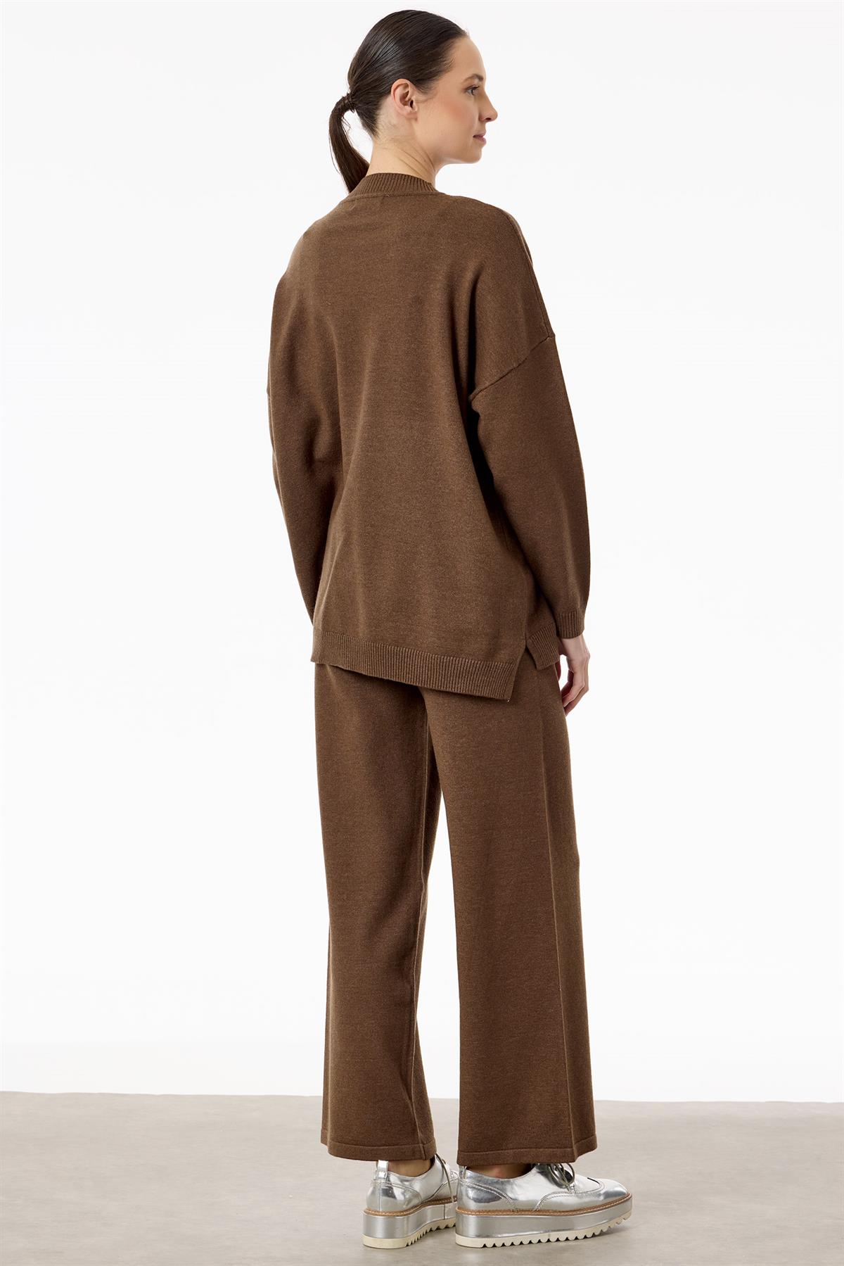 Etnik Desenli Taşlı Triko Pantolon Takım KAHVE