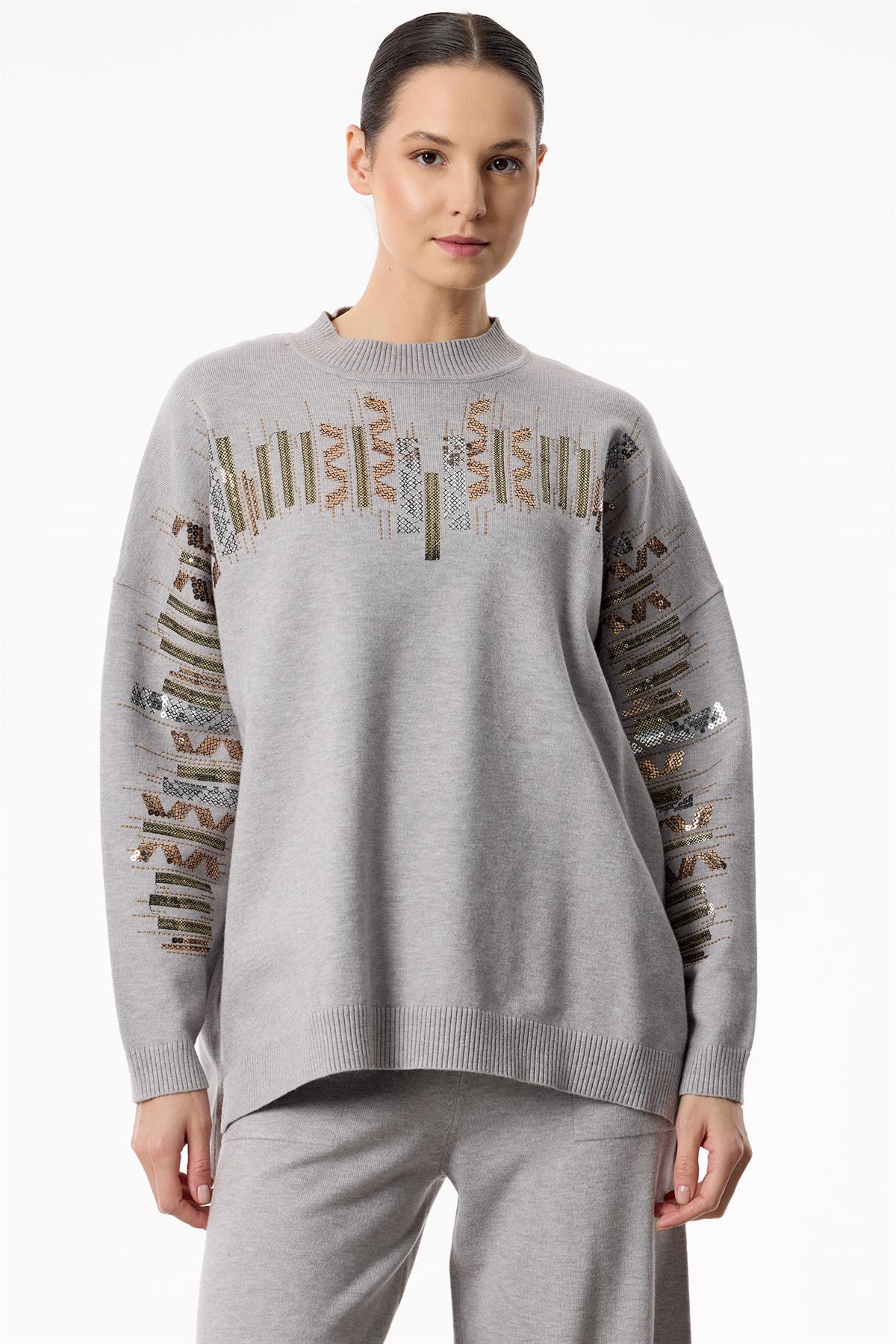 Etnik Desenli Taşlı Triko Pantolon Takım GRİ