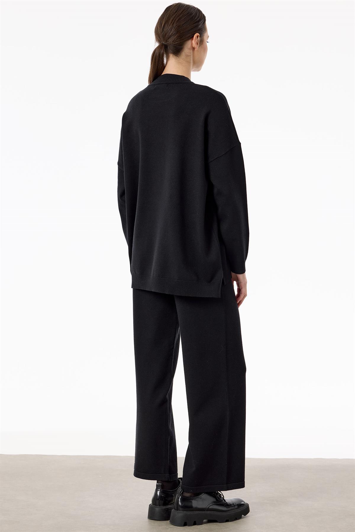 Etnik Desenli Taşlı Triko Pantolon Takım SİYAH