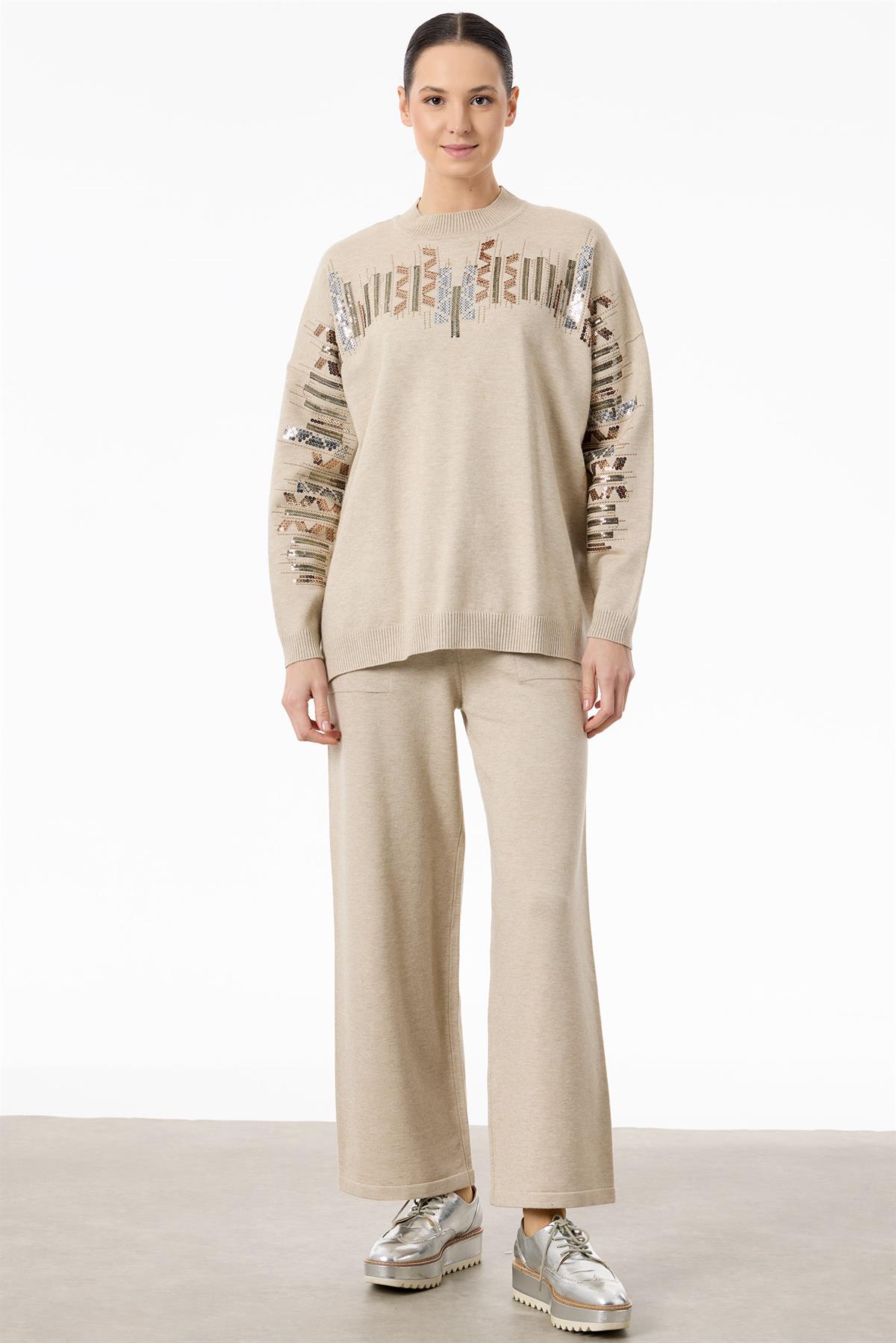 Etnik Desenli Taşlı Triko Pantolon Takım HAKİ